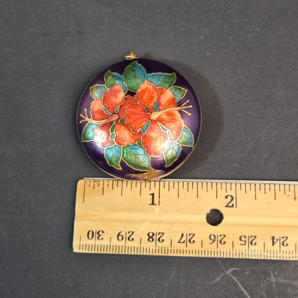 Vintage Cloisonne Enamel Hibiscus Flower Pendant Purple Orange Tropical Floral - Picture 3 of 8